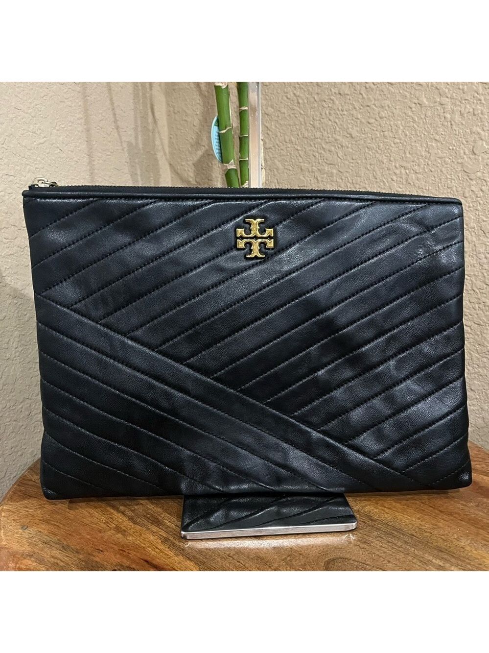 TORY BURCH BLACK KIRA CHEVRON POUCH